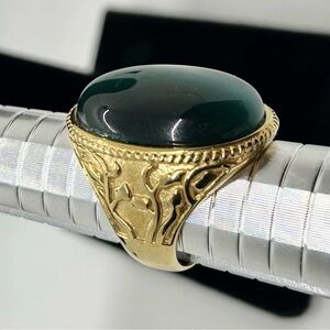Gold Plated Green Agate Men's Ring Size 11 12 Vintage Style Statement Jewelry